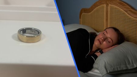 Images of the Oura Ring 5 and a woman sleeping with a smile on her face. 