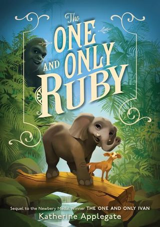 Image of book cover with an elephant and a dog standing on a log