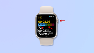 The screenshot shows the Heart Rate Zone view in the Workout app on the Apple Watch, with red arrows pointing at the Digital Crown and the heart rate zones.