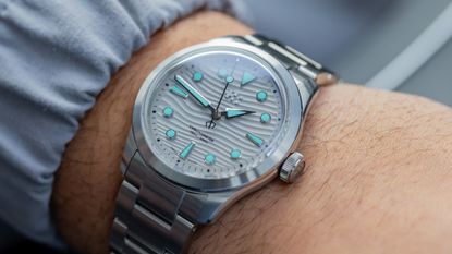 The Oracle Time x Christopher Ward C65 Dune Shoreline worn on a wrist