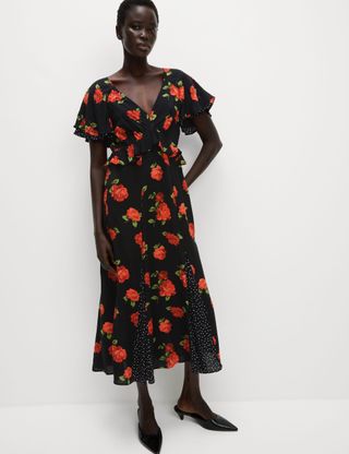 Floral Print Pleat Detail Midi Tea Dress