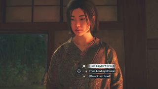 Assassin's Creed Shadows Tea Ceremony answers - Naoe sitting at the ceremony with three choices about how to turn the bowl.