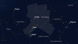 This sky map shows where to spot Ursa Major and Ursa Minor, the constellations that contain the Big Dipper and Little Dipper, respectively.