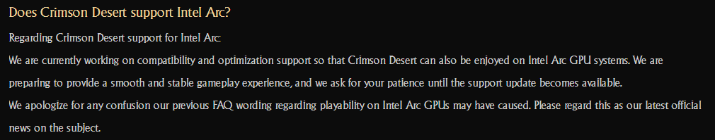 Updates messaging on Crimson Desert's FAQ regarding Intel Arc support