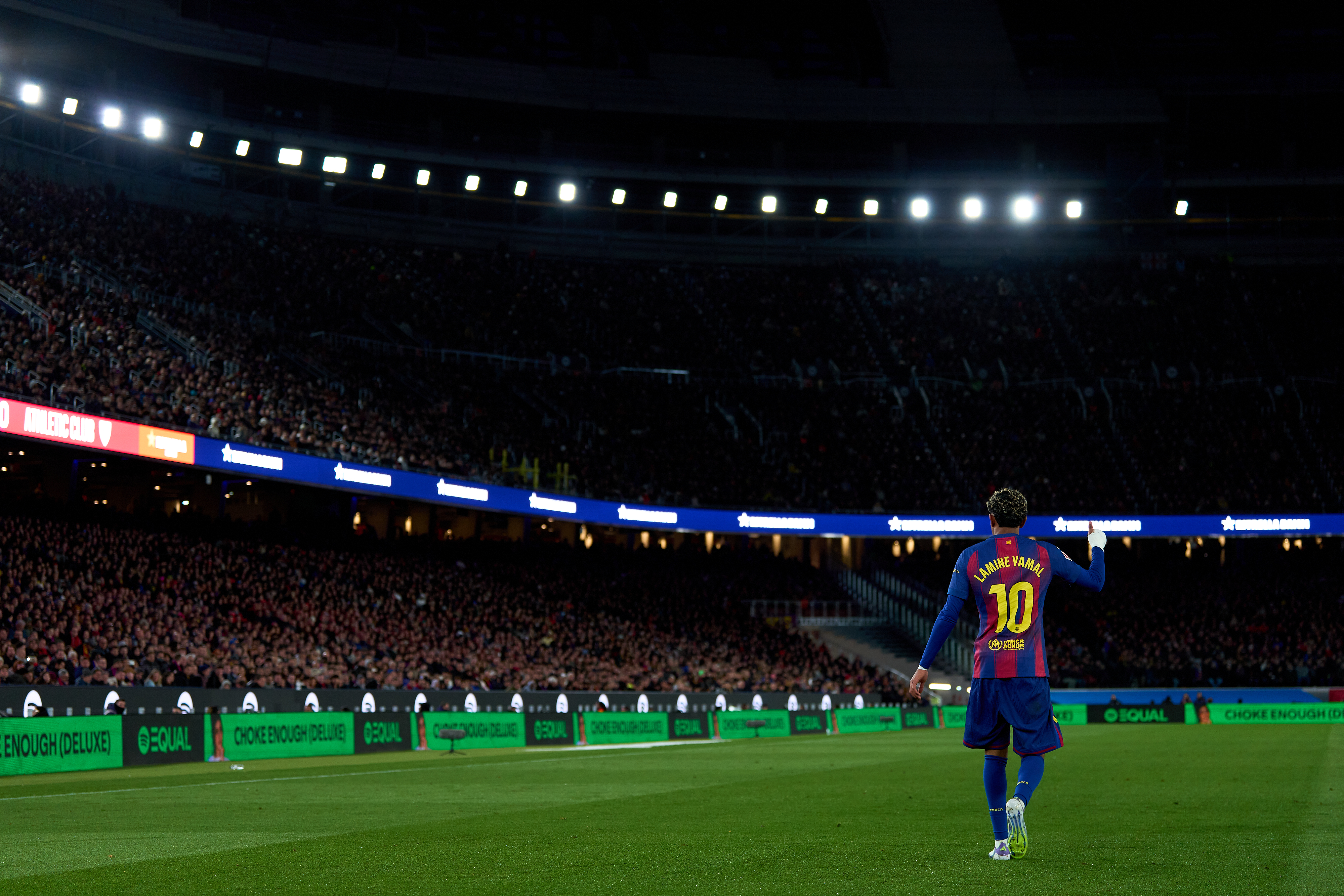 BARCELONA, SPAIN - NOVEMBER 22: Lamine Yamal of FC Barcelona reac during the LaLiga EA Sports match between FC Barcelona and Athletic Club at Spotify Camp Nou on November 22, 2025 in Barcelona, Spain. (Photo by Pedro Salado/Getty Images)
