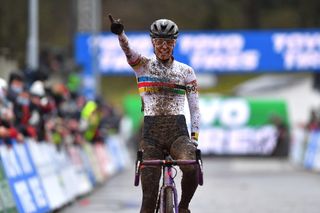 BESANCON FRANCE NOVEMBER 28 Maghalie Rochette of Canada crosses the finishing line celebrating second place during the 6th Besanon UCI CycloCross Worldcup 2021 Womens Elite CXWorldCup UCIcyclocrossWC on November 28 2021 in Besancon France Photo by Luc ClaessenGetty Images