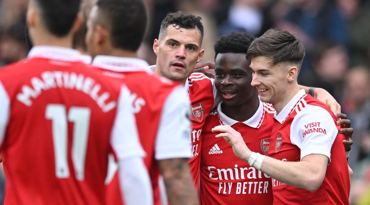 Bukayo Saka of Arsenal celebrates with his teammates after scoring the side&#039;s fourth goal during the Premier League match between Arsenal and Crystal Palace at the Emirates Stadium on March 19, 2023 in London, United Kingdom.