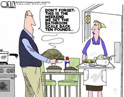 Editorial cartoon U.S. Thanksgiving dinner food set scale back ten pounds