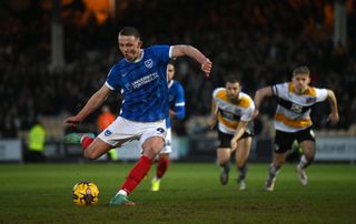 Colby Bishop of Portsmouth scores his team's first goal during the Sky Bet League One match between Port Vale and Portsmouth at Vale Park on January 27, 2024 in Burslem, England. (Photo by Gareth Copley/Getty Images)