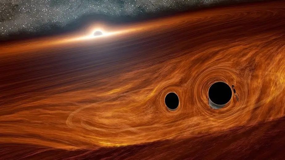 An artist&#039;s illustration of black holes surrounded by orange gas.