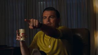 Leonardo DiCaprio pointing at a TV in Once Upon A Time In Hollywood