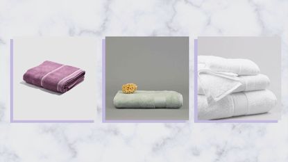 A composite image of three of the best bath towels in 2023, on a cream background.