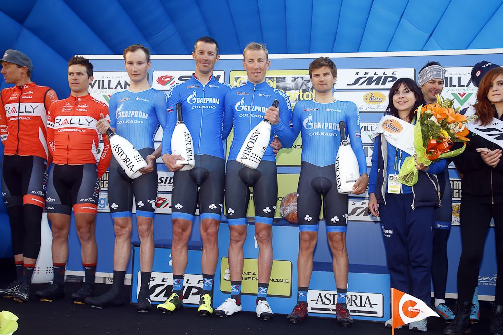 Gazprom-RusVelo on the stage 1b podium