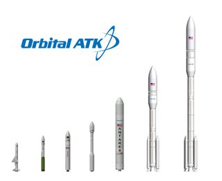 This Orbital ATK rocket family line-up shows how the company's new OmegA rocket will stack up against its earlier boosters. The intermediate-class OmegA is shown to the right of the Antares rocket. At far right, the heavy-class OmegA version.