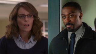 Screenshot of Tina Fey as Liz Lemon in 30 Rock and press photo of David Ajala as Det. Walker in Law & Order