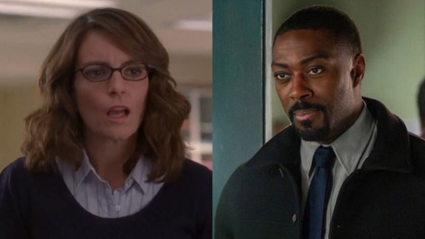 Screenshot of Tina Fey as Liz Lemon in 30 Rock and press photo of David Ajala as Det. Walker in Law &amp; Order