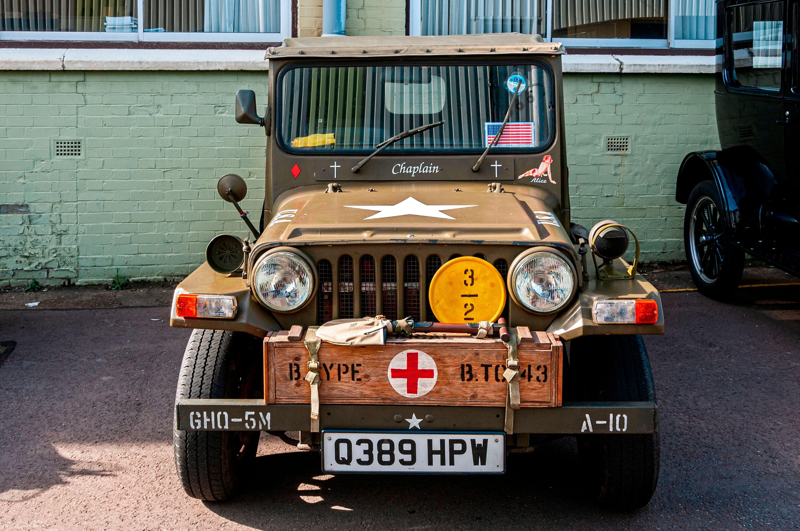A front on view of a Jago Jeep, which looks like a WW2 jeep, but isn't one