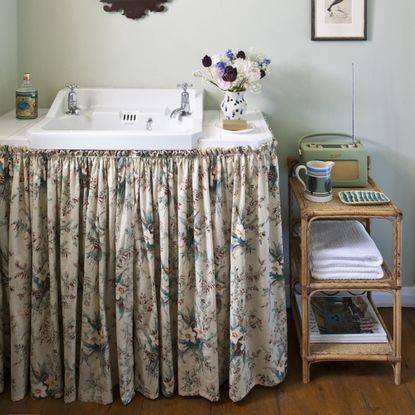 bathroom cabinets with curtain fronts