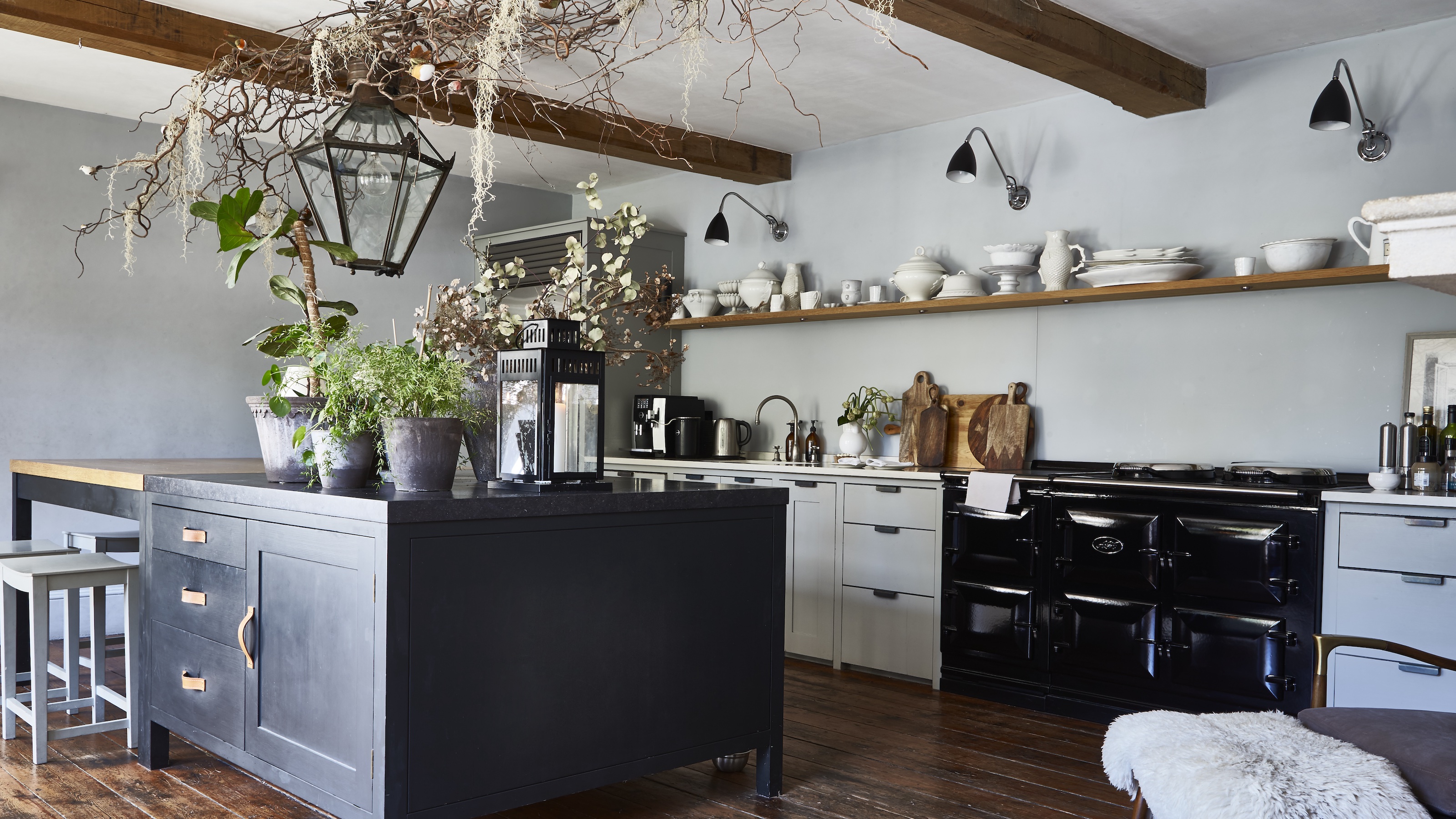 large black kitchen island with houseplants on surface and branches suspended from ceiling above
