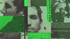 Photo composite illustration of Nick Fuentes, Tyler Robinson, the Groyper mascot and social media posts