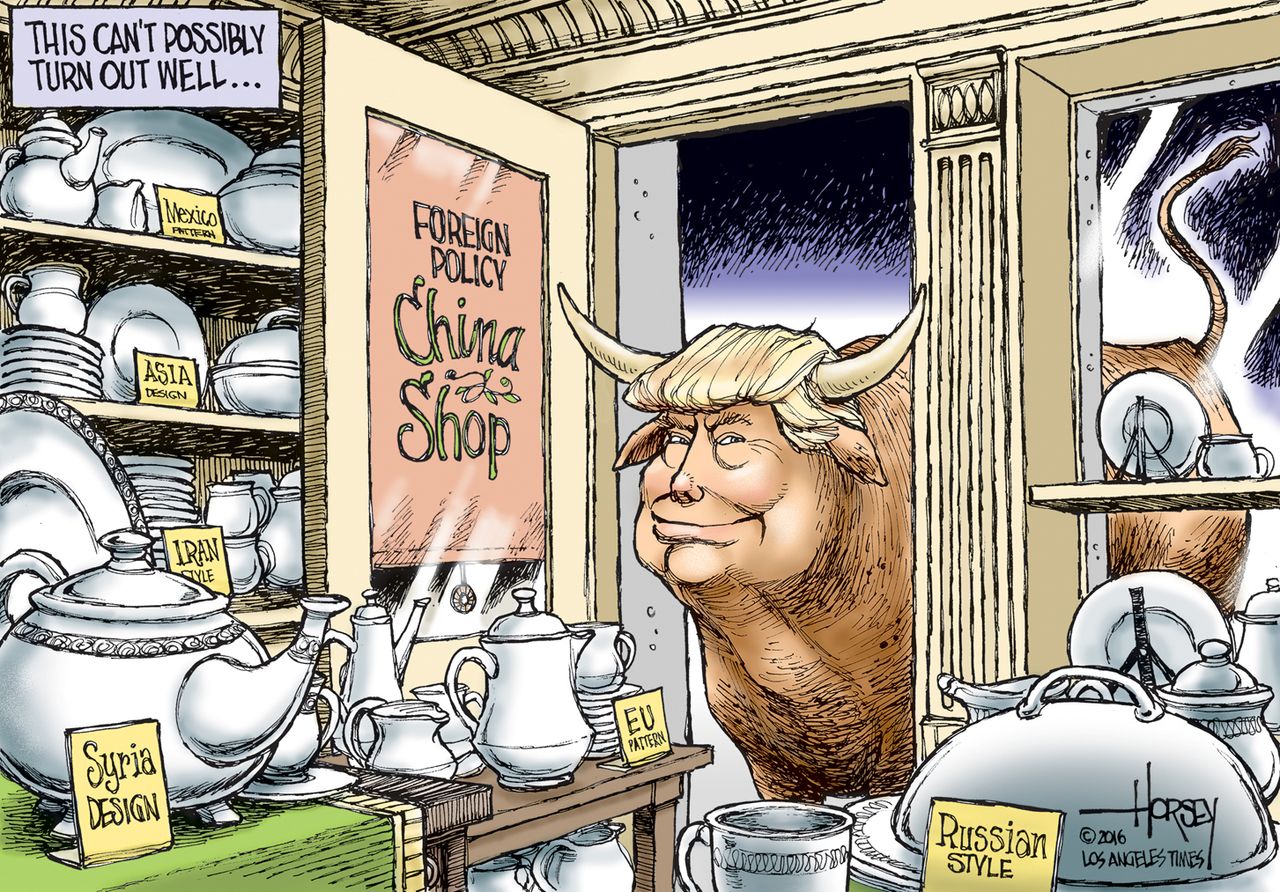 Political cartoon U.S. 2016 election Donald Trump foreign policy