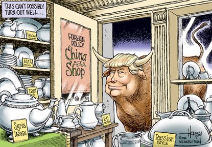 Political cartoon U.S. 2016 election Donald Trump foreign policy