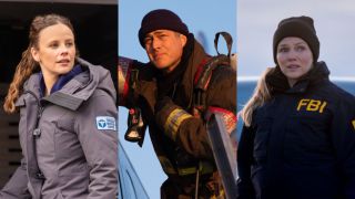 Sarah Ramos as Med's Lenox, Taylor Kinney as Fire's Severide, and Tracy Spiridakos as P.D.'s Upton in NBC's 2026 One Chicago crossover