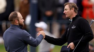 Tyrrell Hatton and Nicolas Colsaerts shake hands after the Alfred Dunhill Links Championship