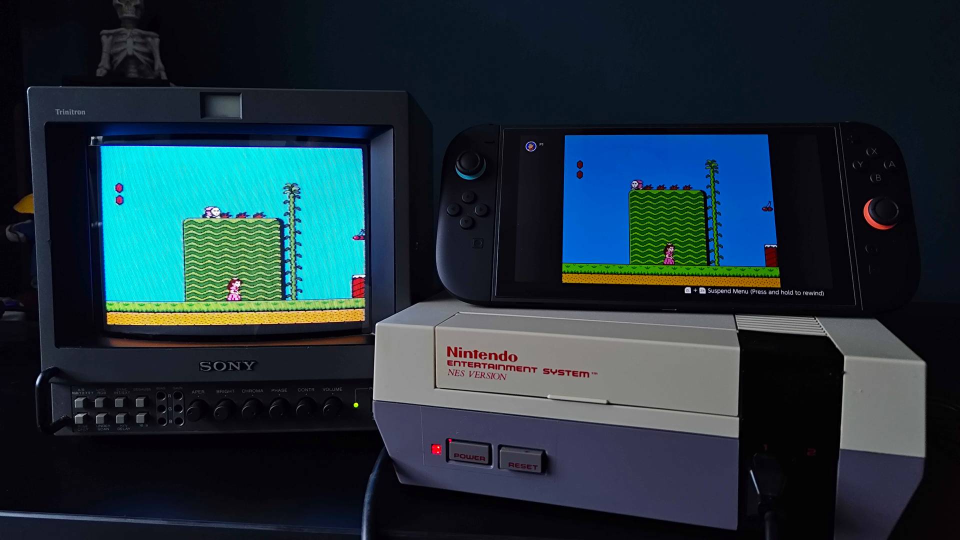 NES next to Sony PVM CRT with Super Mario 2 gameplay on screen and Swich 2 on top of console with Switch Online version.