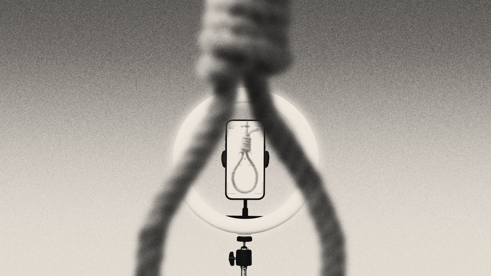 Illustration of an LED ring light and smartphone livestreaming a noose