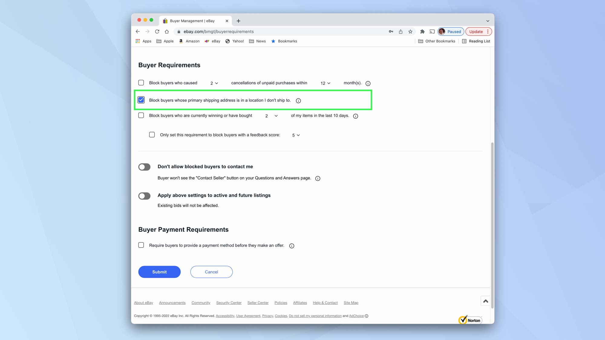 eBay's buyer requirements page with "blocked buyers whose primary address is" highlighted
