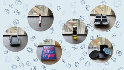 Best air fryer accessories: an air fryer cook book, silicone tray, oil spray, accessory kit, and brownie tin