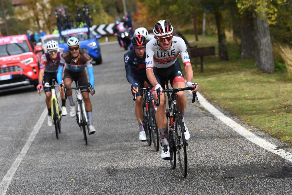 ROCCARASO ITALY OCTOBER 11 Ruben Guerreiro of Portugal and Team EF Pro Cycling Larry Warbasse of The United States and Team Ag2R La Mondiale Jonathan Castroviejo of Spain and Team INEOS Grenadiers Mikkel Bjerg of Denmark and UAE Team Emirates Breakaway during the 103rd Giro dItalia 2020 Stage 9 a 207km stage from San Salvo to Roccaraso Aremogna 1658m girodiitalia Giro on October 11 2020 in Roccaraso Italy Photo by Tim de WaeleGetty Images