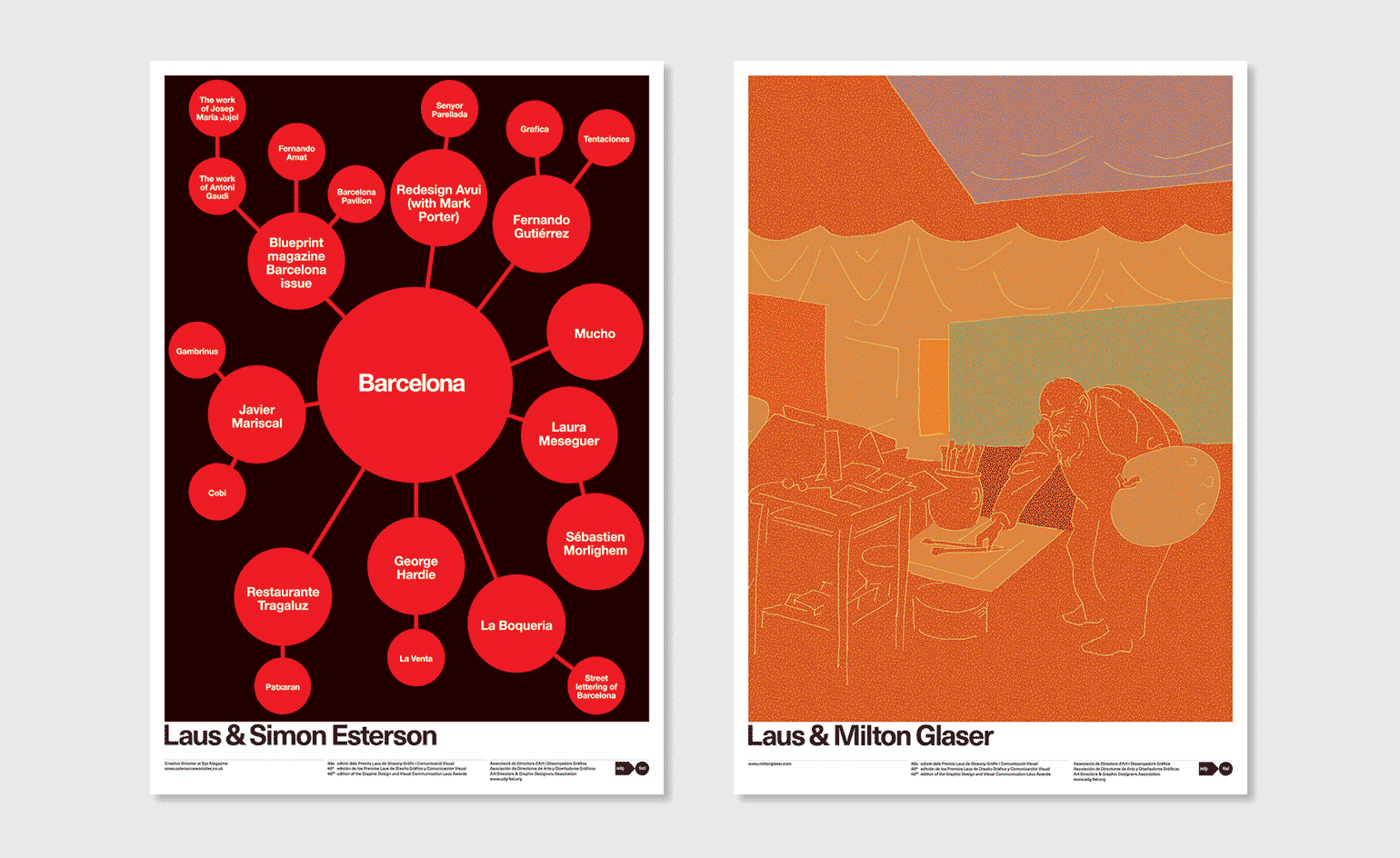 Left: poster of design icons and visual inspirations associated with Barcelona Right: drawing of an elderly painter at work in his studio, rendered in a cheerful orange