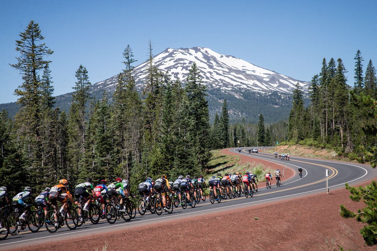 The peloton splits as it climbs towards Mt. Bachelor