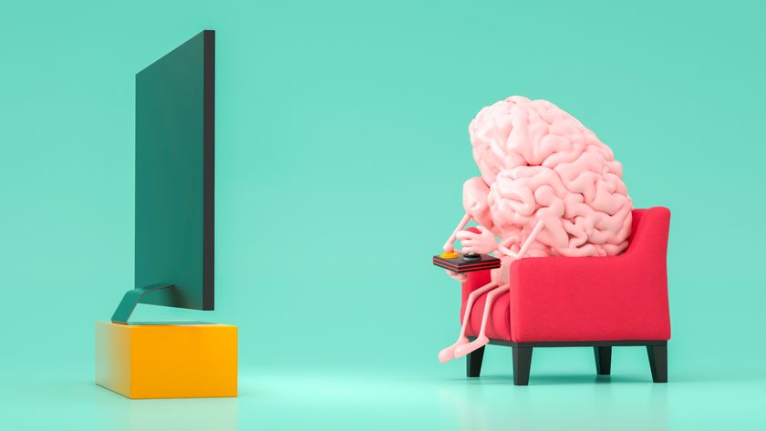A brain with arms and legs sitting in a chair and playing a videogame with a joystick.