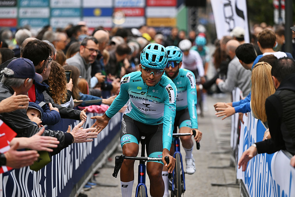BERGAMO, ITALY - OCTOBER 10: Edward Cruz of Colombia and Team Bardiani CSF 7 Saber prior to the 120th Il Lombardia 2026 a 239km one day race from Bergamo to Como
