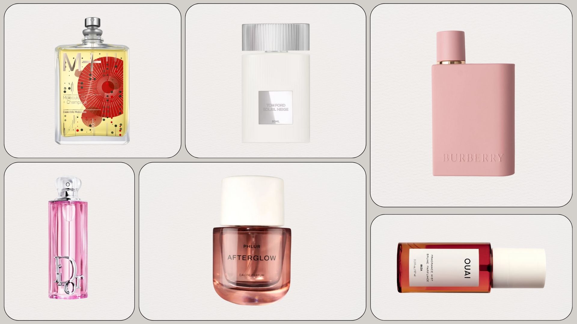 A collage of new perfumes from Escentric Molecules, Tom Ford, Burberry, Dior, Phlur and Ouai