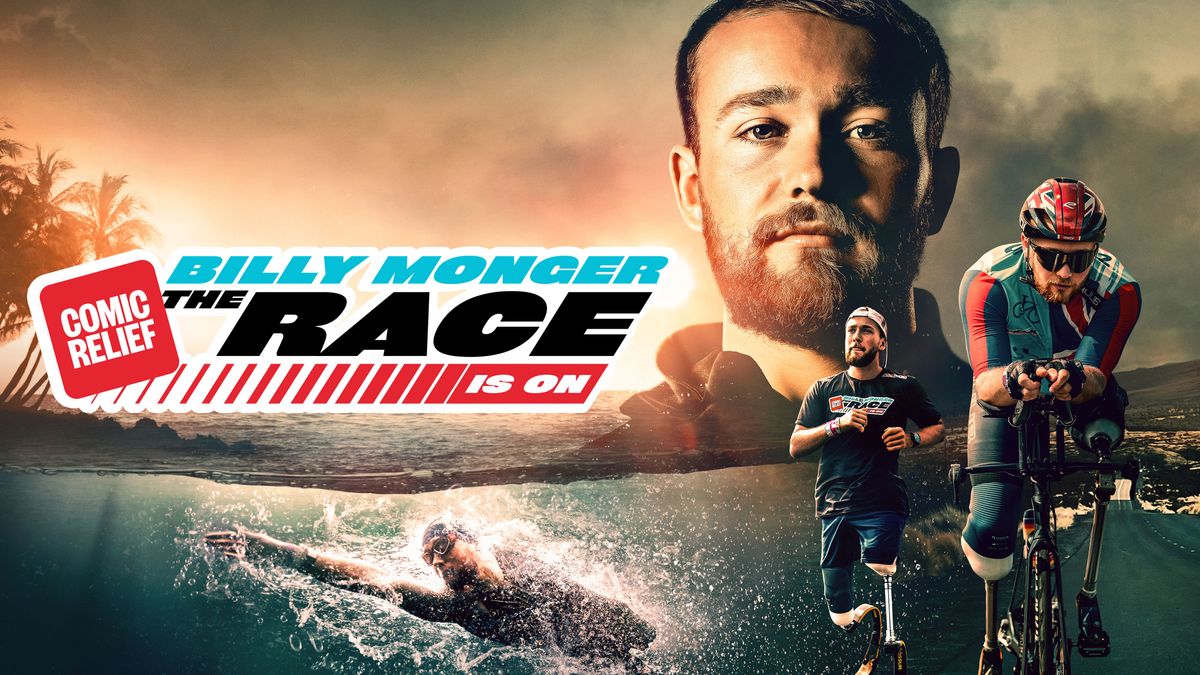 A montage of Billy Monger with a head shot, and images of him running, swimming and cycling. The main text reads: &quot;Billy Monger - The Race is On&quot; with a Comic Relief Logo. 