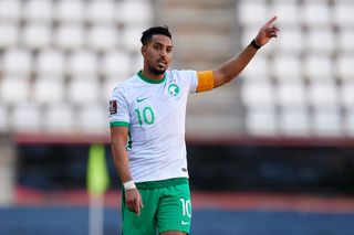 Salem Al-Dawsari of Saudi Arabia reacts during the international friendly match between Saudi Arabia and Venezuela at Estadio Enrique Roca on June 09, 2022 in Murcia, Spain.
