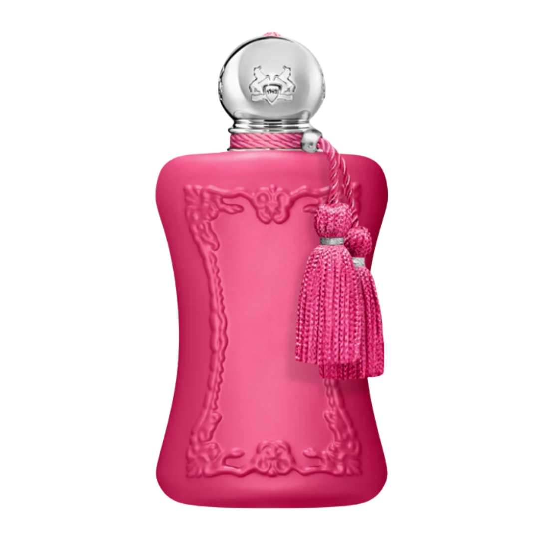 A product shot of the Parfums de Marly Oriana Eau de Parfum, with its hot pink bottle and tassels, on a white background
