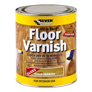 Tin of Everbuild Ultra Hard Floor Clear Varnish on white background