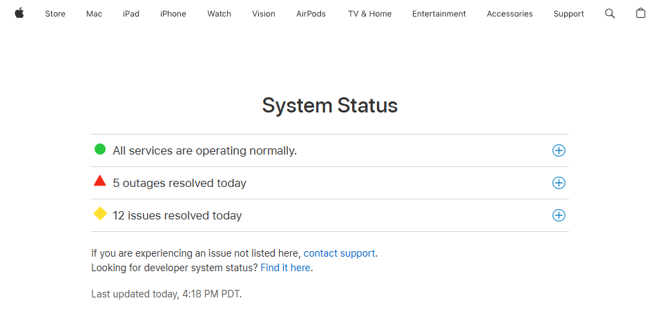 Apple iCloud outage status page on 6/24/25
