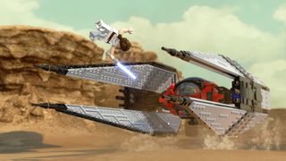 Rey confronts Kylo Ren's Starfighter in Lego Star Wars