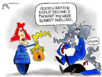 Political cartoon U.S. Kathy Griffin Trump beheading Robert Mueller Russia investigation
