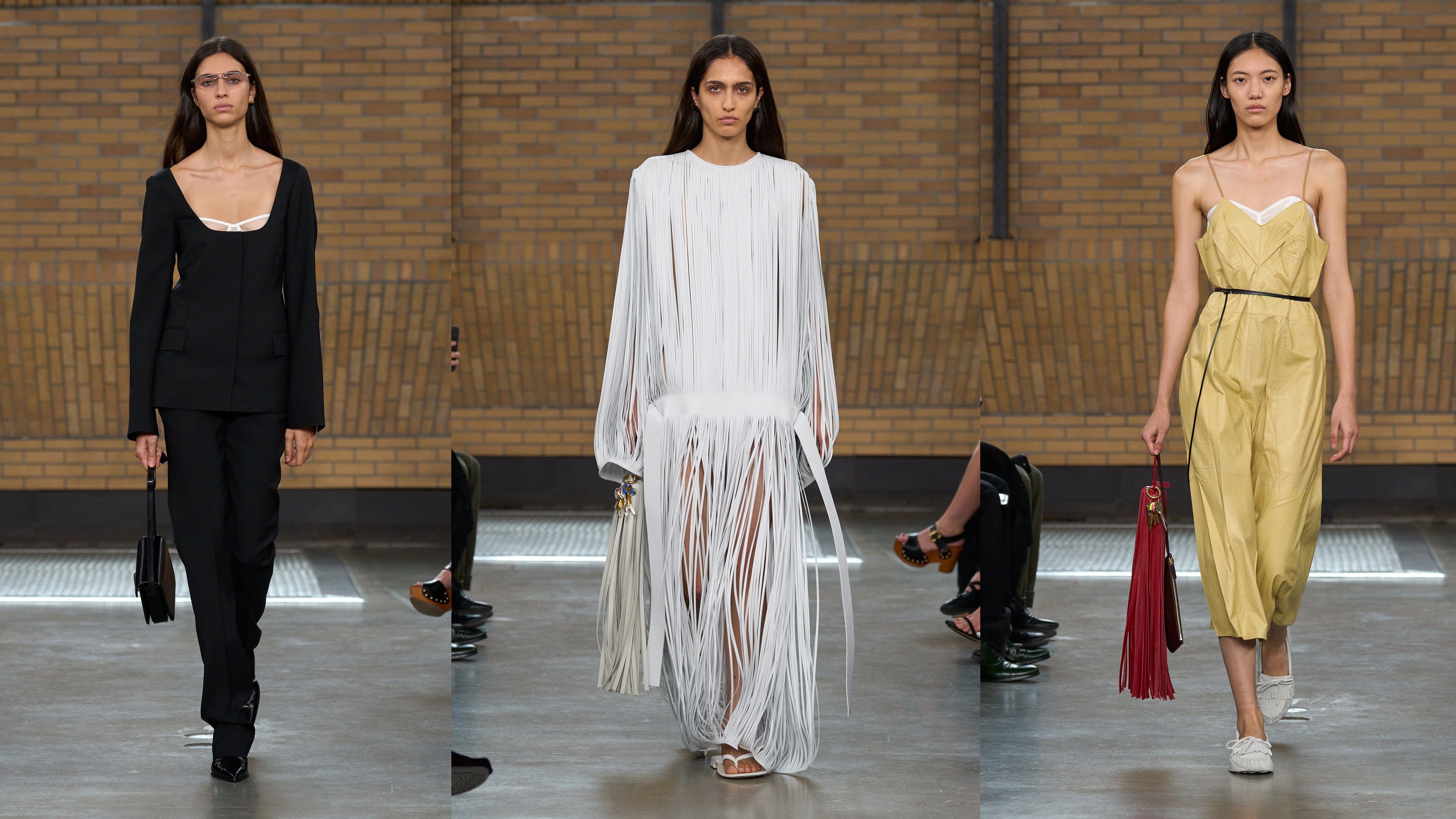A collage of three models walking the S/S 26 calvin klein runway show.
