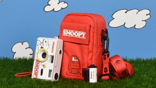 Retrospekt Snoopy 35mm camera, bag and film on grass with cartoon clouds on blue sky background