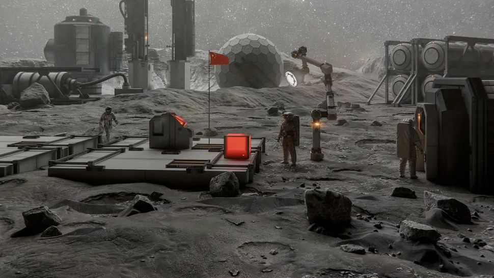 An illustration of people on a moon base with a red flag.