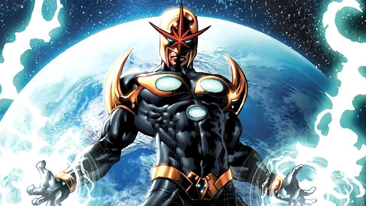 A screenshot of Marvel hero Nova floating above a planet with energy projecting from his hands