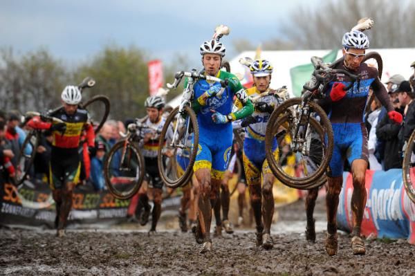The riders were forced to run on long sections of the course